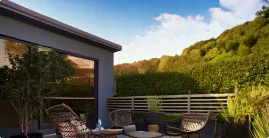 3D patio design rendering by Aquasoltech in San Diego showing a modern outdoor seating area with visible mesh screen and shading structure to illustrate a Firefly patio cover concept.