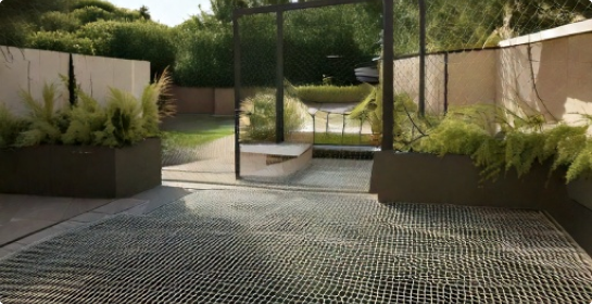 3D rendering of a Firefly patio cover with visible mesh screen design by Aquasoltech in San Diego, illustrating how the mesh integrates into the outdoor structure to provide shade and airflow.