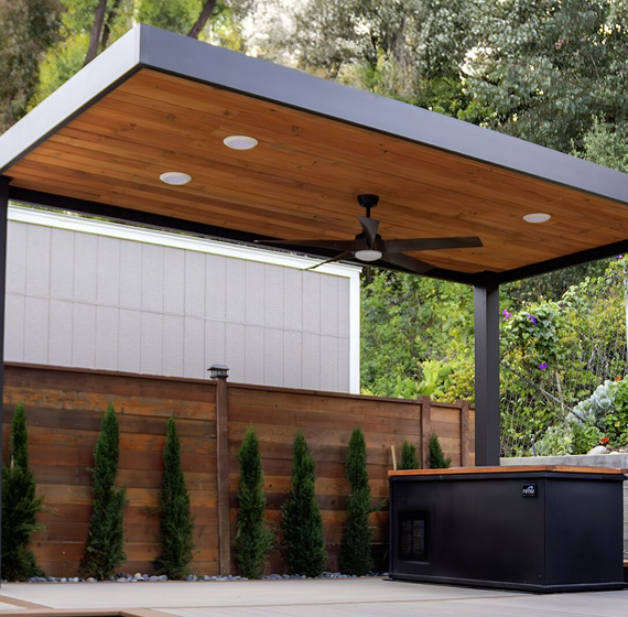 Aquasoltech outdoor living space in San Diego featuring a custom aluminum patio cover and architectural accents, showcasing stylish and functional exterior design for enhanced outdoor enjoyment.