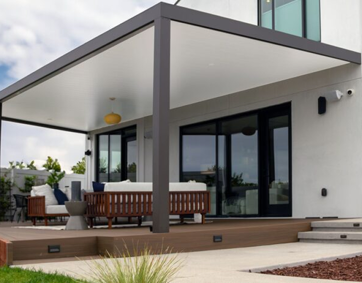 Aquasoltech pricing graphic showing cost estimates for seamless gutter installation and custom patio cover options in San Diego, highlighting transparent project pricing for homeowners.