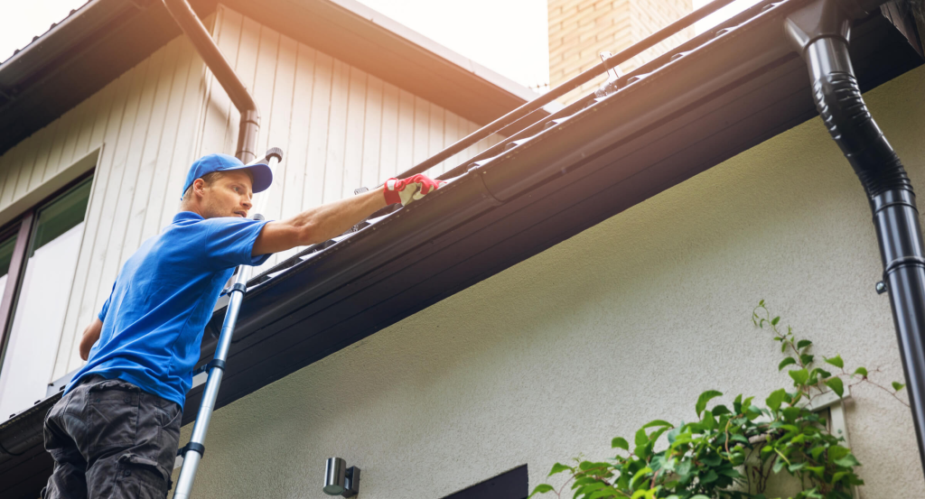 Close-up of seamless gutter installation on a home roofline in San Diego by Aquasoltech, showing clean aluminum rain gutters and downspouts designed to maximize gutter lifespan and protect the home from rainwater damage.